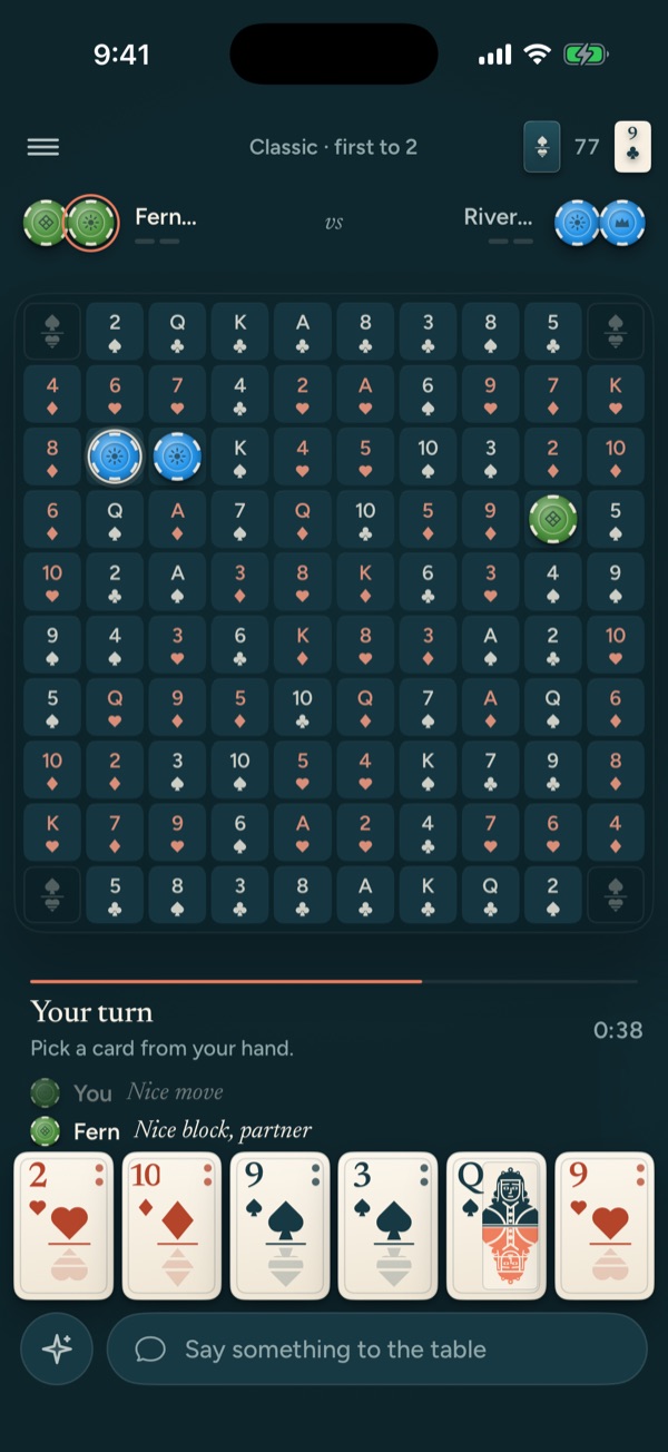 A four-player game in progress with table talk lines above the hand